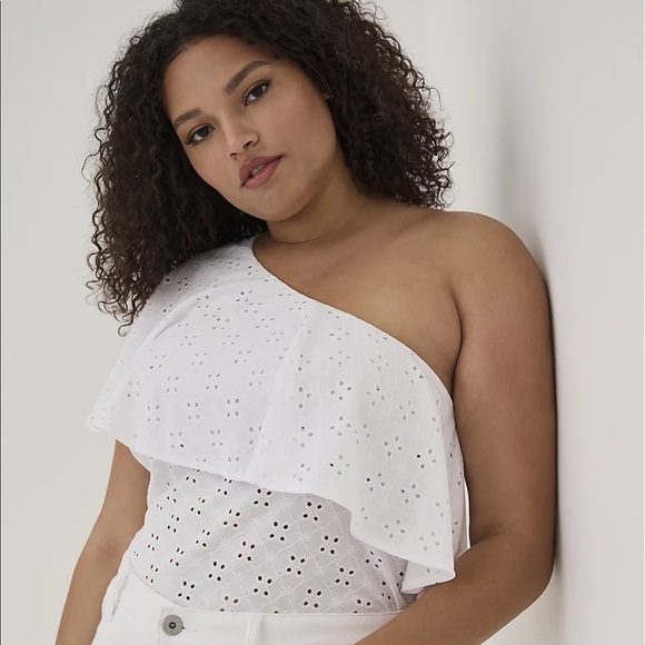 torrid Tops - Torrid ONE SHOULDER RUFFLE TOP - EYELET JERSEY WHITE New Plus Size 4X 3X